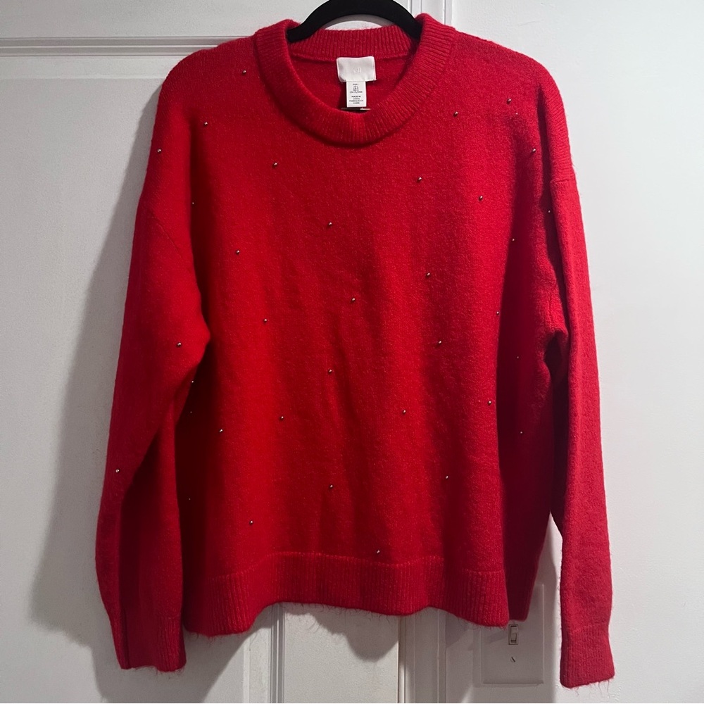 H&M NWT Womens L Red Silver Bead Embellished Sweater